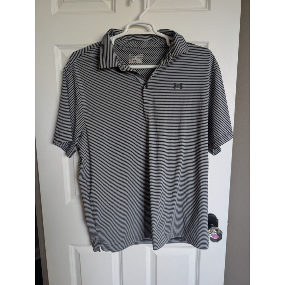 Men's UNDER ARMOUR XL HeatGear Gray Micro Striped Loose Fit Polo Shirt Office